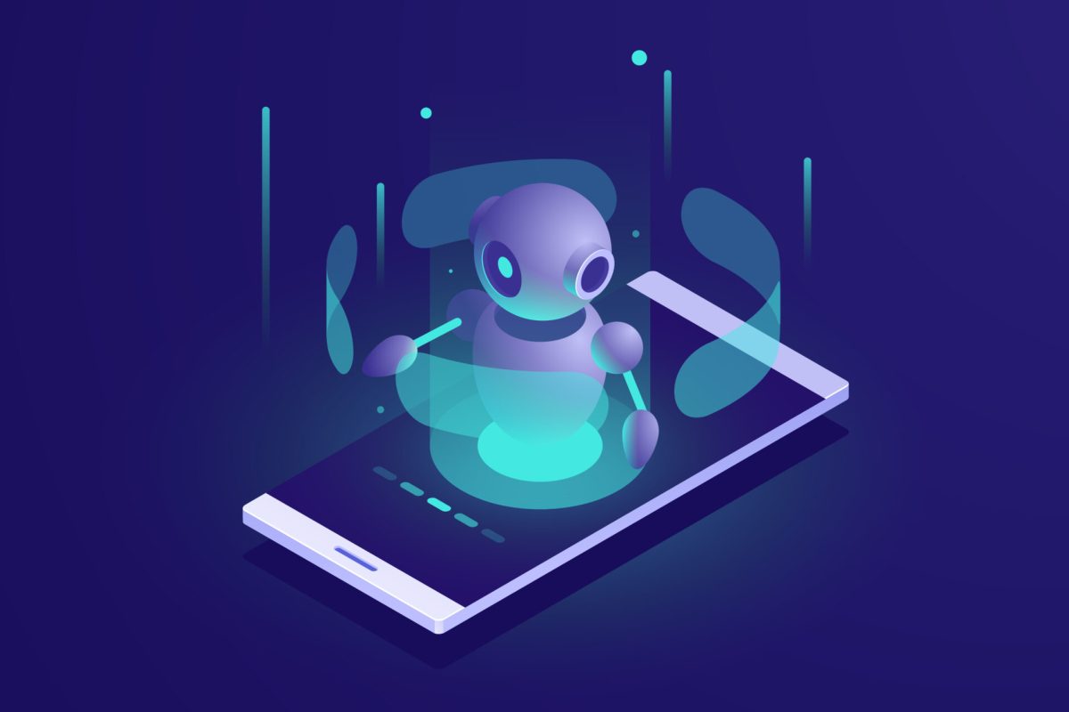 Artificial Intelligence, isometric ai robot on mobile phone screen, chatbot app vector neon dark
