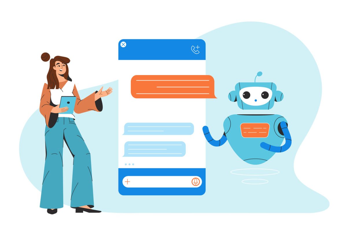 Chatbot technology. Flat woman chatting and communicating with artificial intelligence. Smartphone interface with chat bot dialog message icons at screen. AI robot assistant, online customer support.