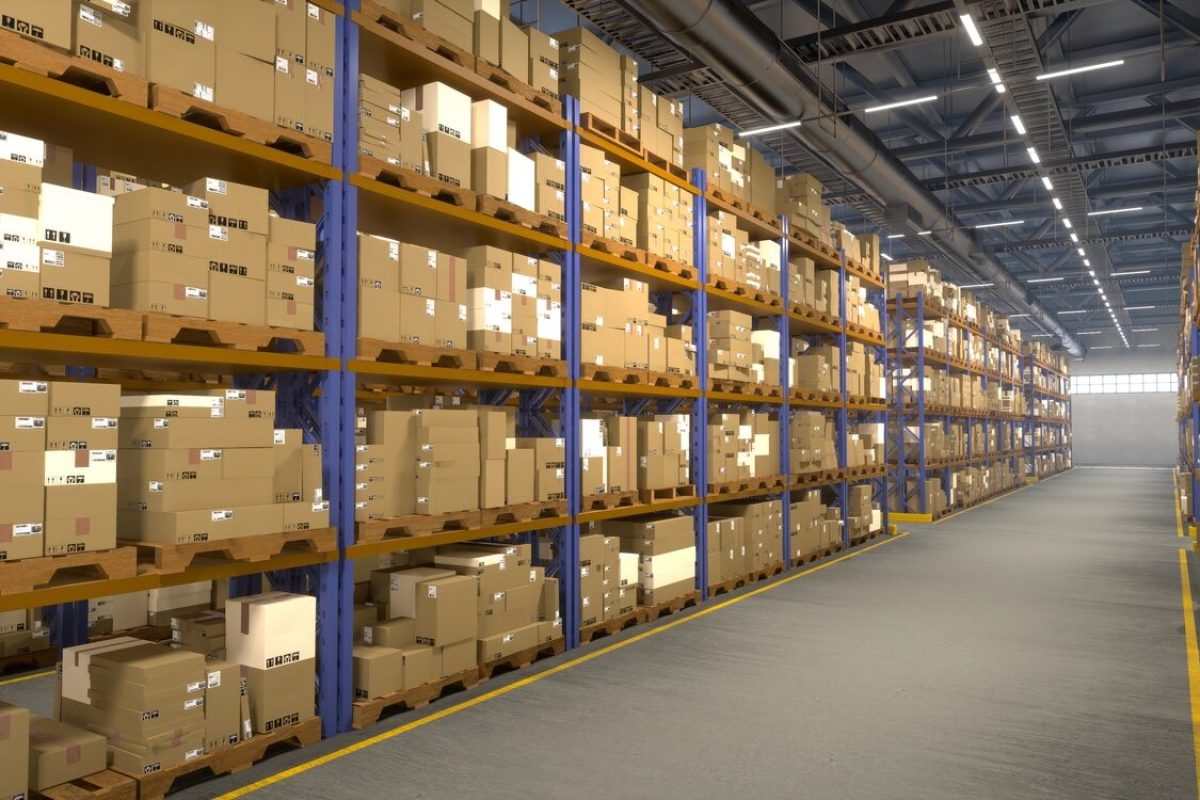 Industrial depot housing multiple containers labeled with invoice bills, containing tracking numbers and shipment details. Warehouse doing supply chain work for retail sector. 3d render animation.