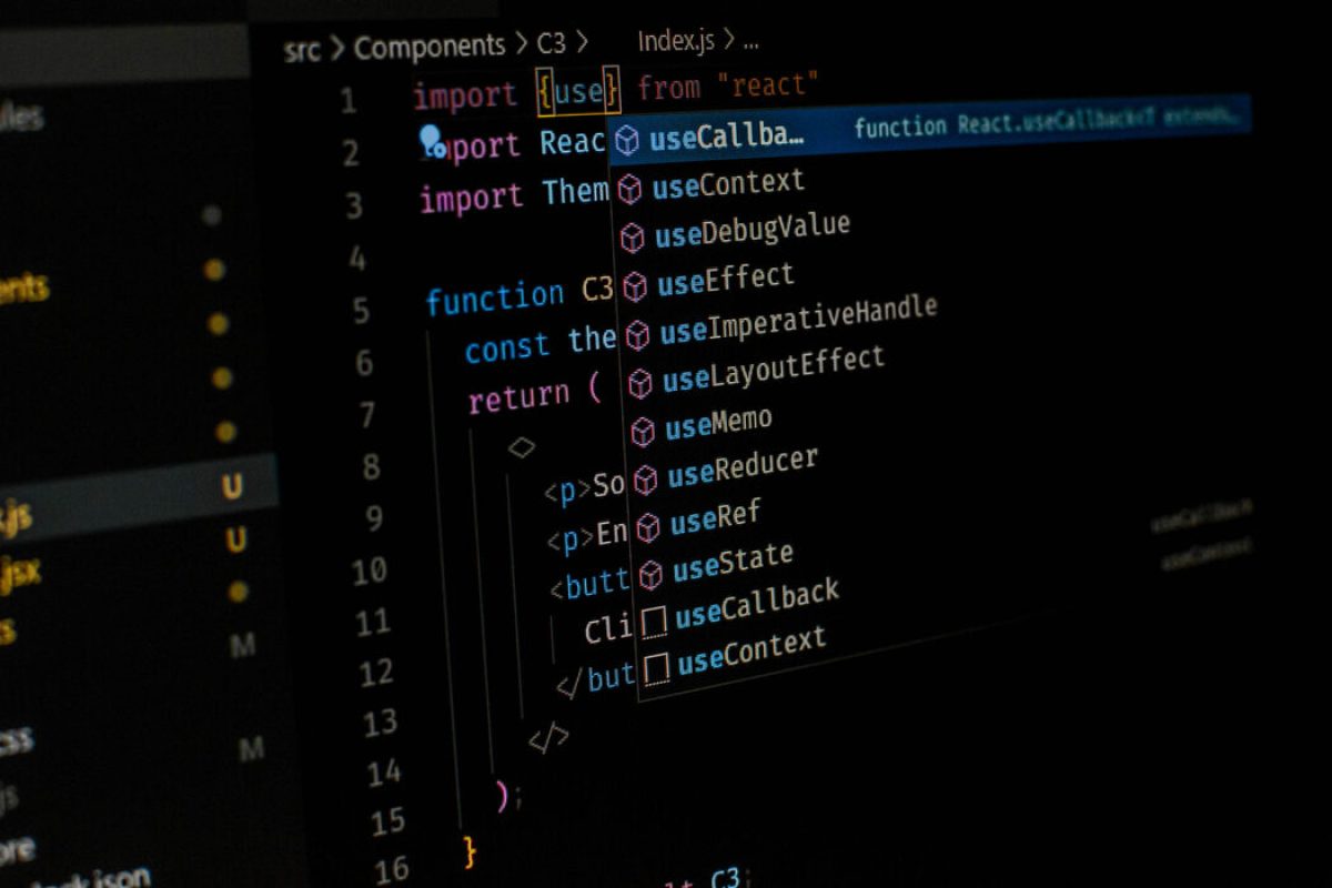 Side shot of a code editor using react js and its hooks