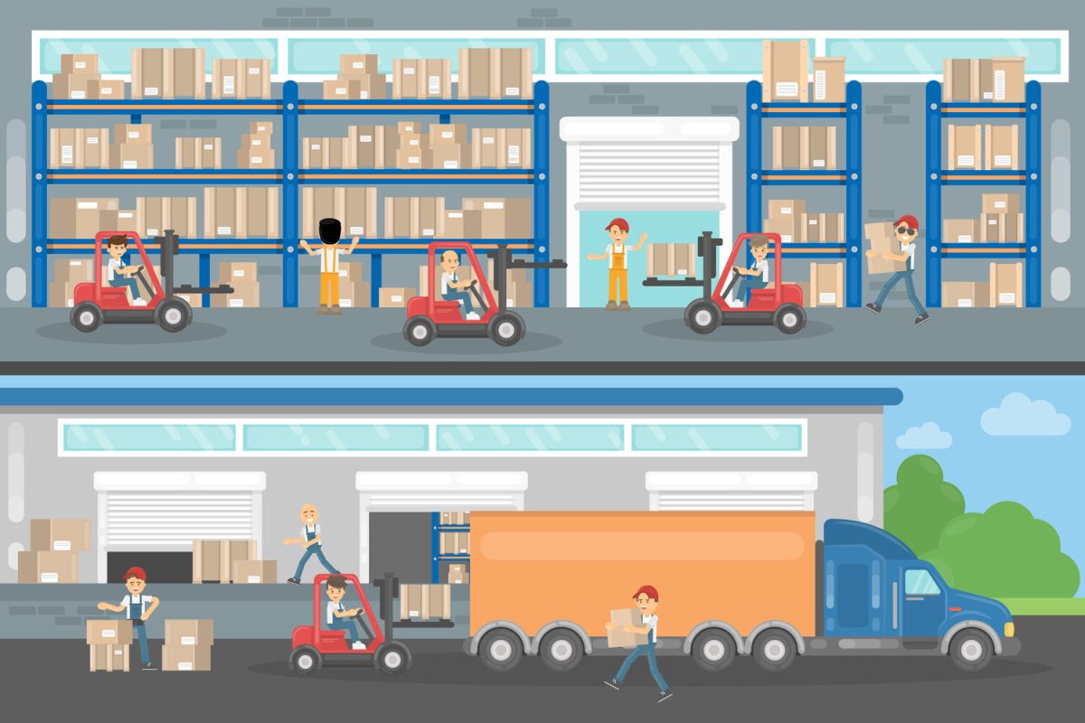 Transport company interior. Warehouse or factory workers and equipment.